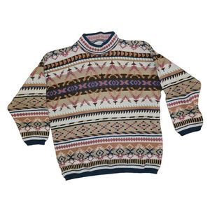 Vintage 80s Geometric Pastel Oversize Slouchy Sweater Jumper Fair Isle high neck